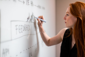 Woman writing on whiteboard